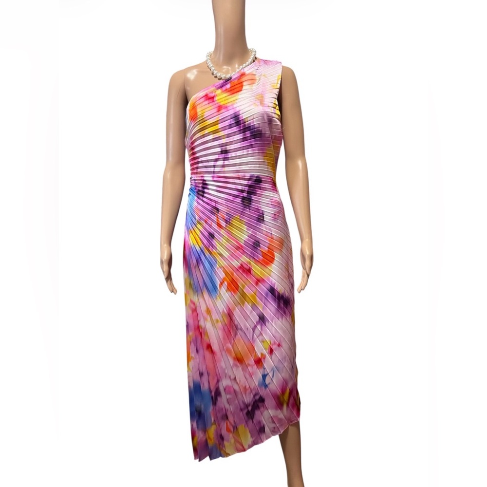 Belle Badgley Mischka NWT 2 Kelsey Accordion Pleat One Shoulder Dress Pink Multi